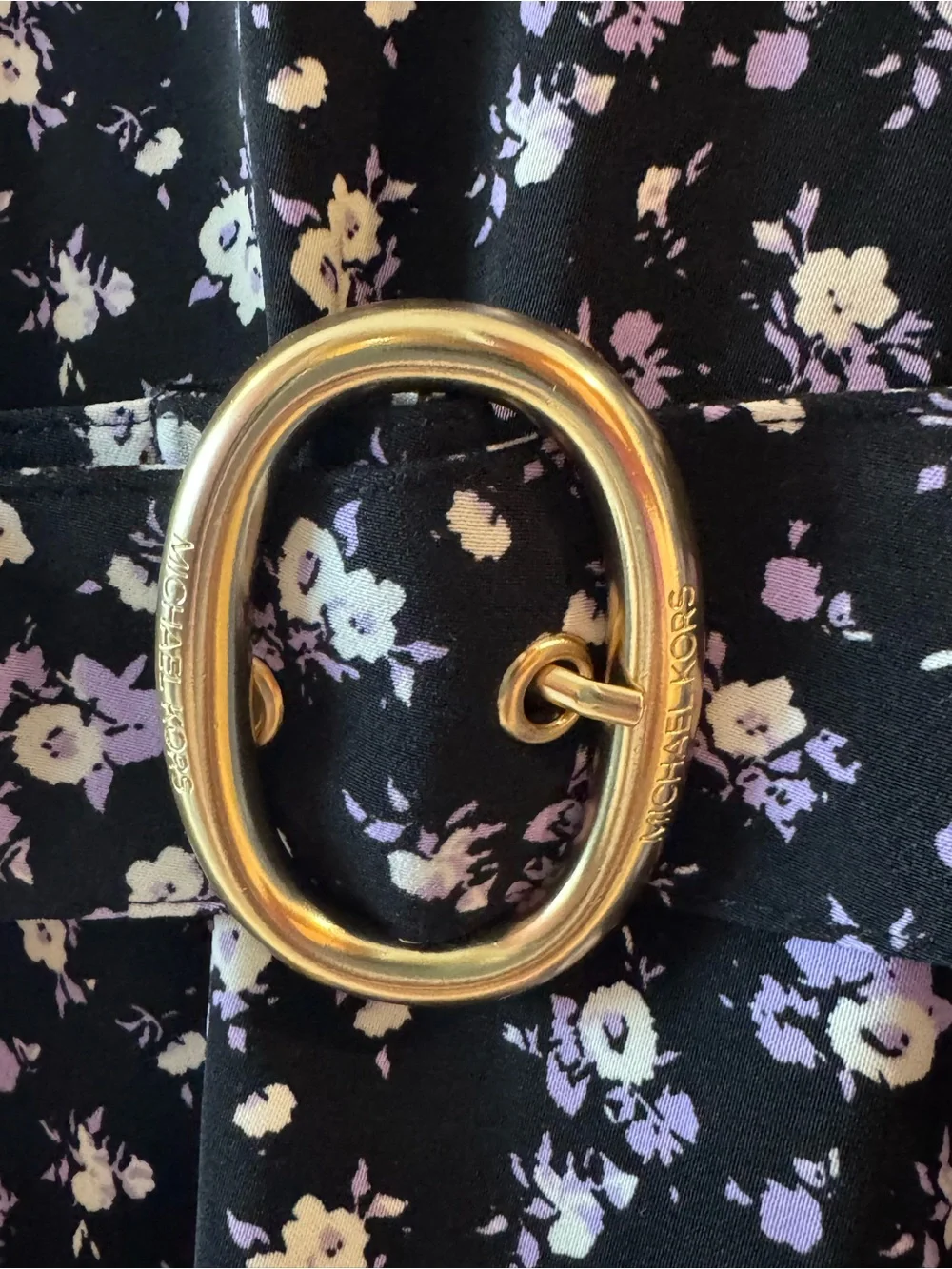 Michael Kors Black Floral V-Neck Midi Dress with Gold Buckle